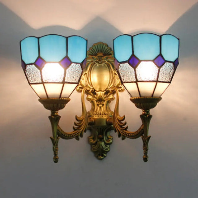 Vintage Stained Glass Wall Lighting: 2-Light Bowl Mount In Blue/Sky Blue For Living Room Sky
