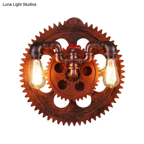 Vintage Style 2-Light Farmhouse Wall Sconce With Iron Exposed Bulbs Copper Finish And Gear