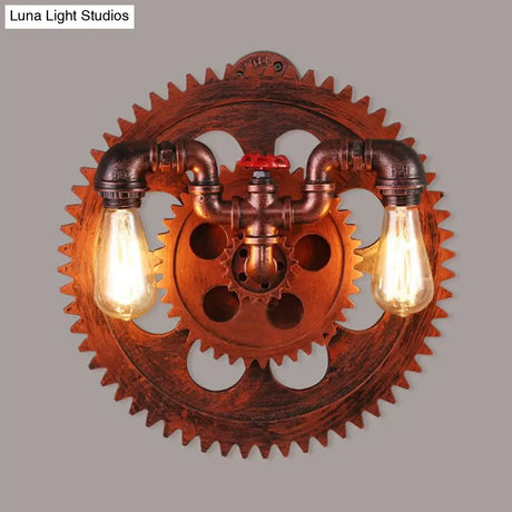 Vintage Style 2-Light Farmhouse Wall Sconce With Iron Exposed Bulbs Copper Finish And Gear