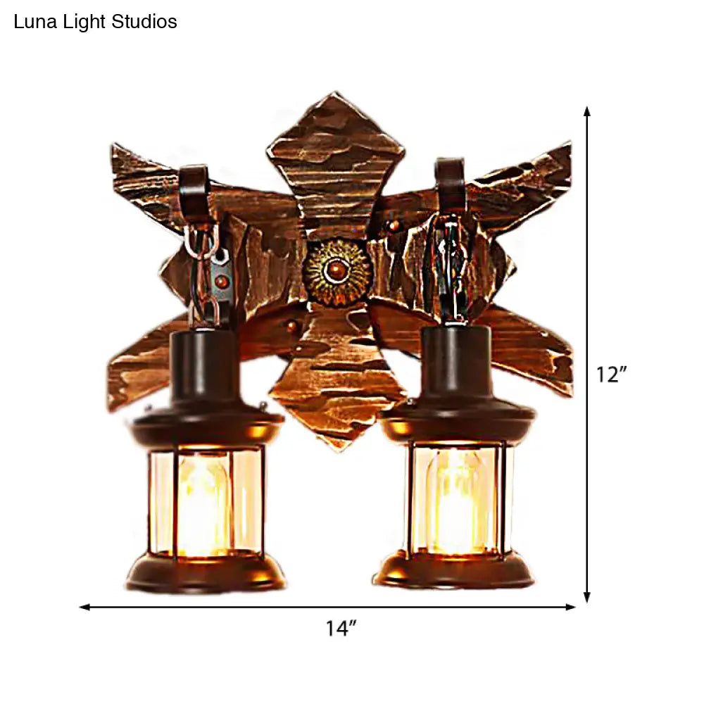 Vintage Style 2-Light Indoor Sconce Lamp: Black Candle/Lantern Wall Lighting With Clear Glass/Marble
