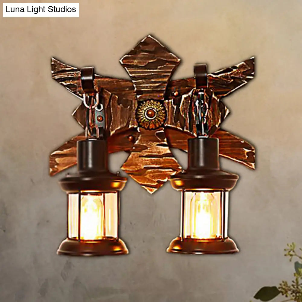 Vintage Style 2-Light Indoor Sconce Lamp: Black Candle/Lantern Wall Lighting With Clear Glass/Marble