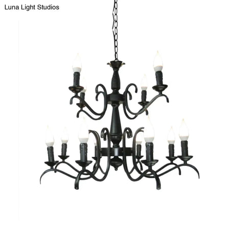 Vintage Style 3/5-Head Flameless Candle Chandelier - Black Metallic Hanging Lamp For Living Room
