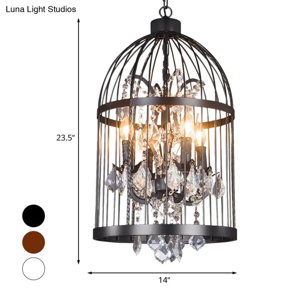 Vintage Style 4-Head Birdcage Chandelier in Black/White/Rust Iron – Elegant Hanging Lamp with Candle and Crystal Deco