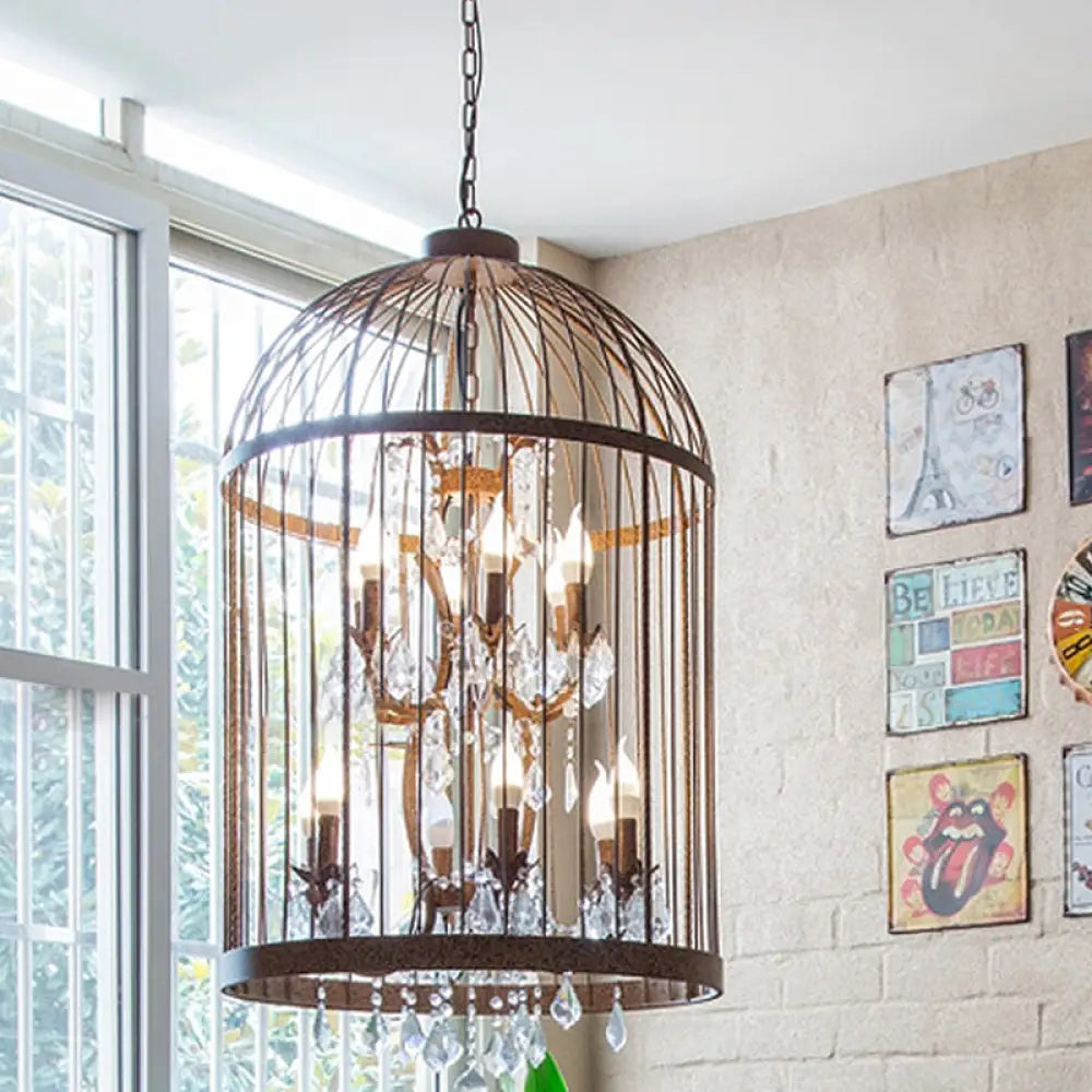 Vintage Style 4-Head Birdcage Chandelier in Black/White/Rust Iron – Elegant Hanging Lamp with Candle and Crystal Deco