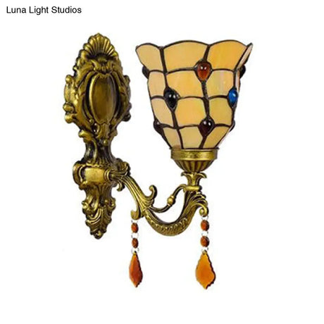 Vintage-Style Amber Glass Bell Wall Sconce With Colorful Bead - Bedroom Lamp (1 Light)