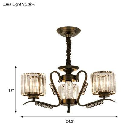 Vintage Style Black Crystal Drum Chandelier - 3/5 Head Suspension Lamp For Dining Room