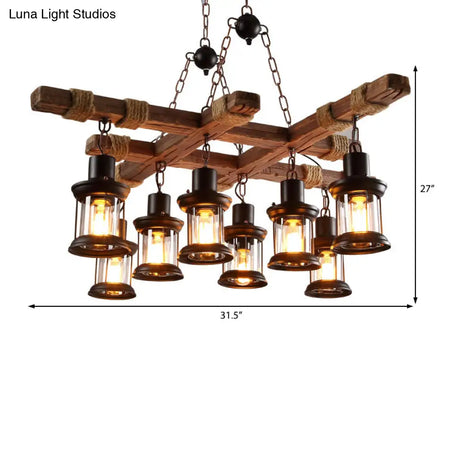Vintage Style Black Lantern Chandelier With Clear Glass And Wood Frame - Ideal For Coffee Shops