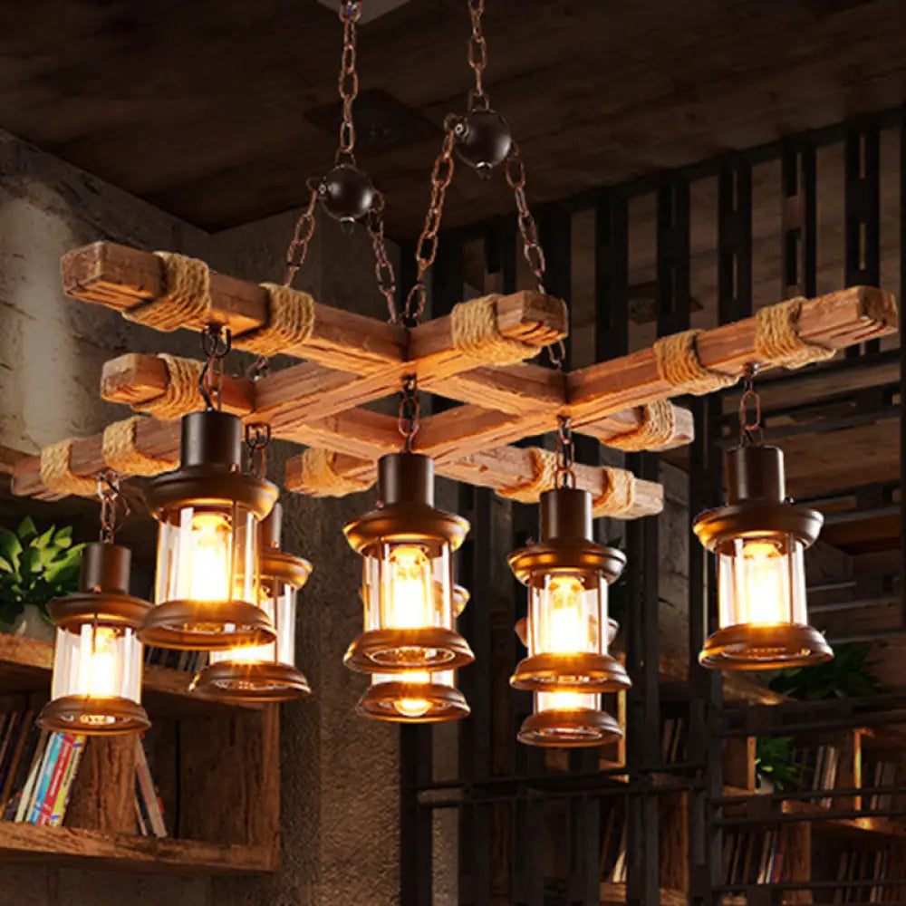 Vintage Style Black Lantern Chandelier With Clear Glass And Wood Frame - Ideal For Coffee Shops
