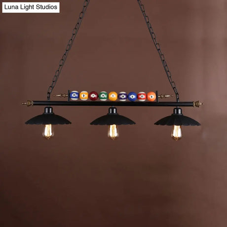 Vintage Style Black Metal Island Chandelier With Ruffled Edge - Ideal For Billiard Room
