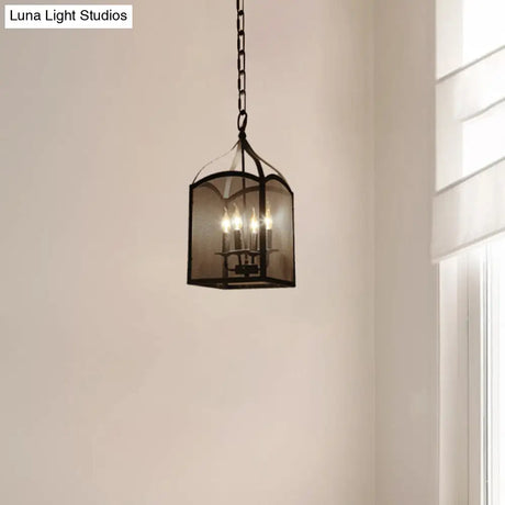 Vintage-Style Black Metal Pendant Ceiling Lamp With Adjustable Caged Mesh Screen - 4/5 Lights