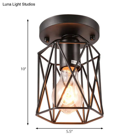 Vintage Style Black Wire Cage Semi Flush Light Ceiling Mounted Fixture For Kitchen