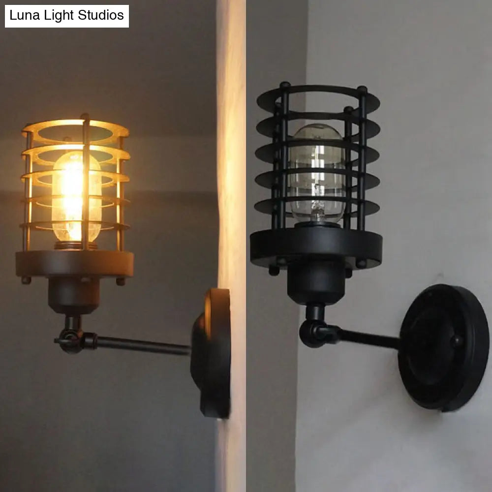 Vintage Style Black Wire Cage Wall Sconce Light Fixture With 1 Head - Ideal For Stairways