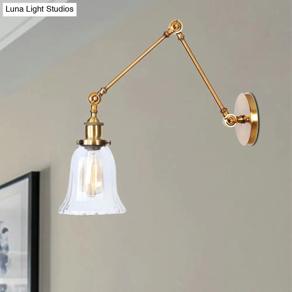 Vintage Style Brass Flared Wall Lighting With Clear Textured Glass - 1 Light Sconce Fixture For