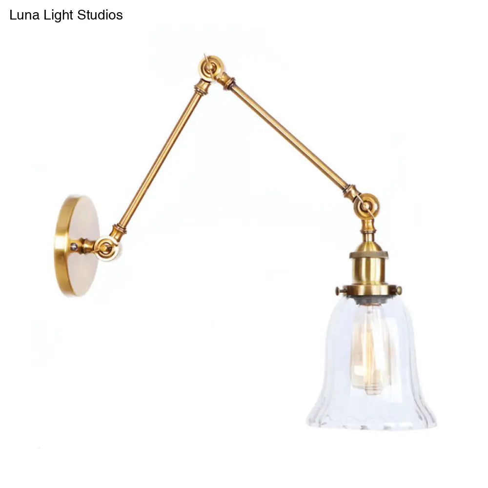 Vintage Style Brass Flared Wall Lighting With Clear Textured Glass - 1 Light Sconce Fixture For
