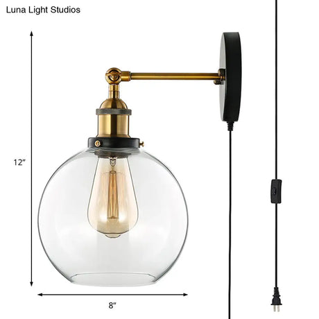 Vintage Style Brass Sconce Light With Clear Glass Bubble Plug-In Cord - One-Light Lighting Fixture