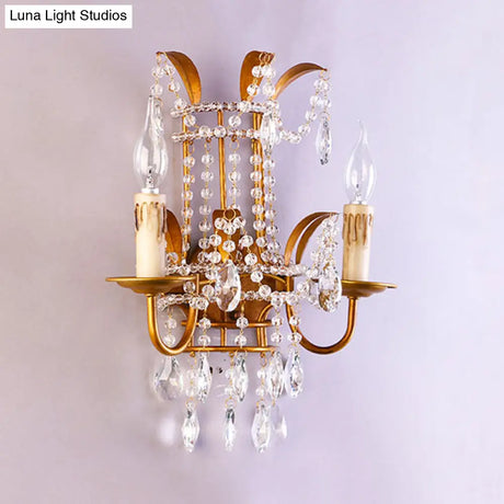 Vintage Style Clear Crystal Beaded Sconce Wall Lamp With Brass Finish - Ideal For Bedroom