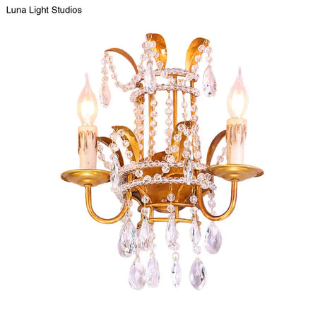 Vintage Style Clear Crystal Beaded Sconce Wall Lamp With Brass Finish - Ideal For Bedroom