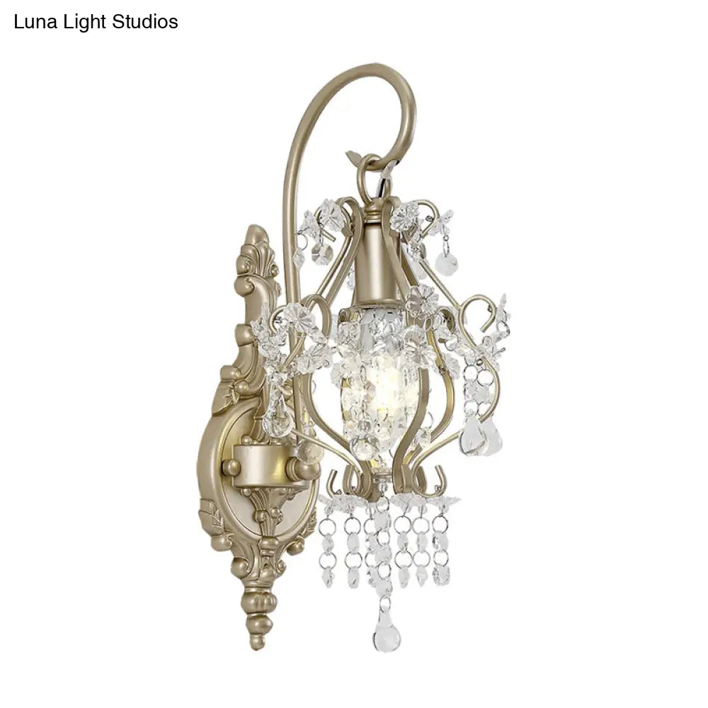Vintage Style Clear Crystal Beaded Strand Wall Lamp With Curved Arm - Champagne