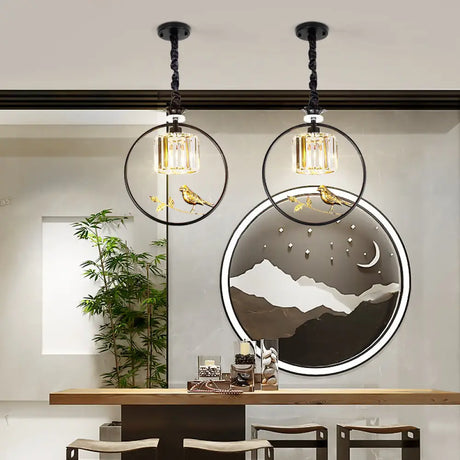 Vintage Style Clear Crystal Drum Ceiling Light With Bird Accent In Black/Gold Black