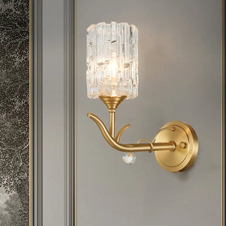 Vintage Style Clear Glass Wall Sconce With Gold Finish - Half-Head Cylindrical Corridor Mount Light