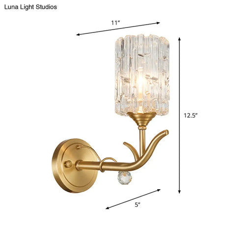 Vintage Style Clear Glass Wall Sconce With Gold Finish - Half-Head Cylindrical Corridor Mount Light
