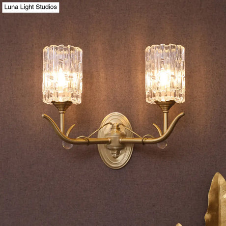 Vintage Style Clear Glass Wall Sconce With Gold Finish - Half-Head Cylindrical Corridor Mount Light