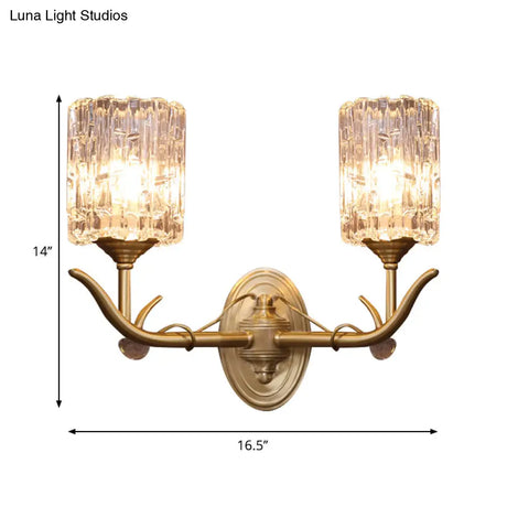 Vintage Style Clear Glass Wall Sconce With Gold Finish - Half-Head Cylindrical Corridor Mount Light