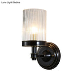 Vintage Style Clear Ribbed Glass Cylinder Wall Lamp - Black/Gold Finish Sconce Fixture For Living