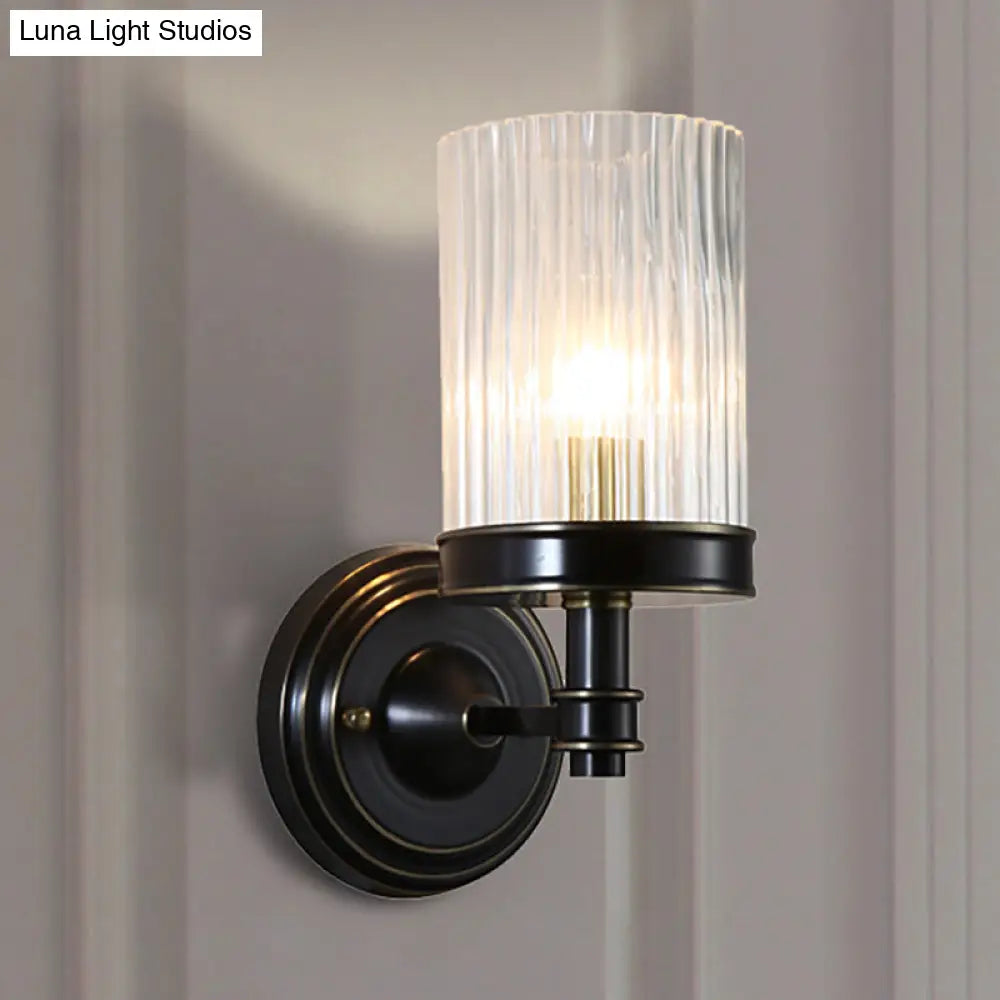 Vintage Style Clear Ribbed Glass Cylinder Wall Lamp - Black/Gold Finish Sconce Fixture For Living