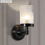 Vintage Style Clear Ribbed Glass Cylinder Wall Lamp - Black/Gold Finish Sconce Fixture For Living