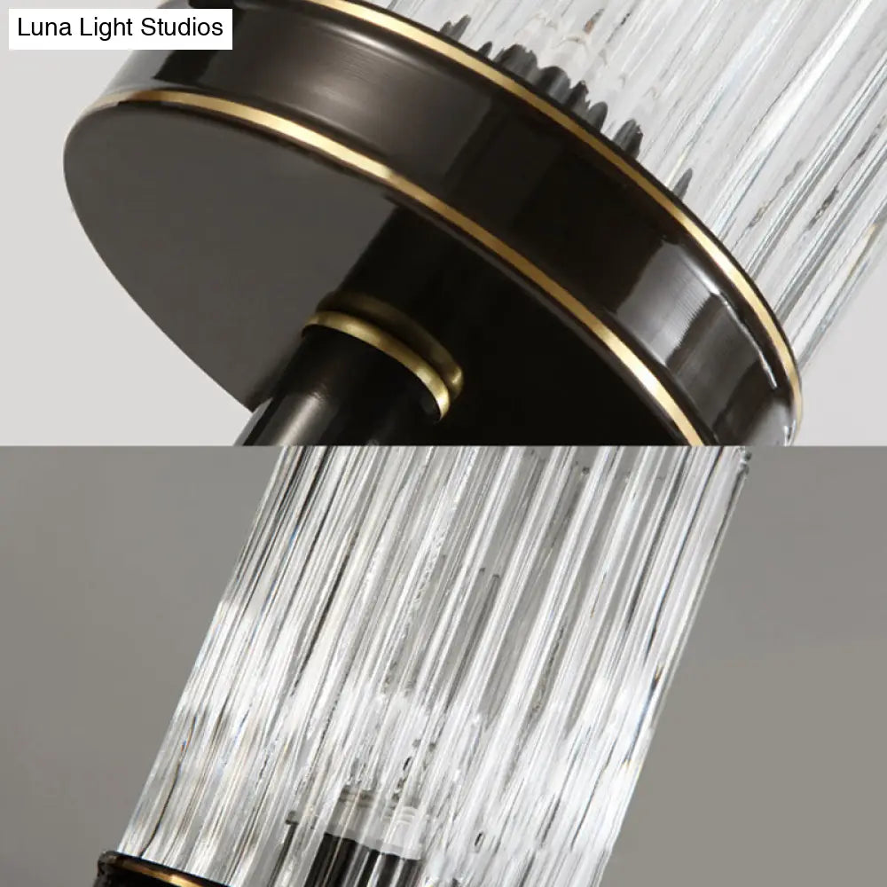 Vintage Style Clear Ribbed Glass Cylinder Wall Lamp - Black/Gold Finish Sconce Fixture For Living