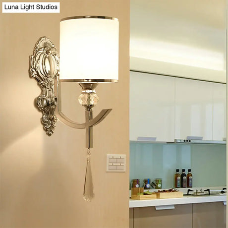 Vintage Style Cylinder Wall Sconce With Carved Backplate - Corridor Lighting In Chrome