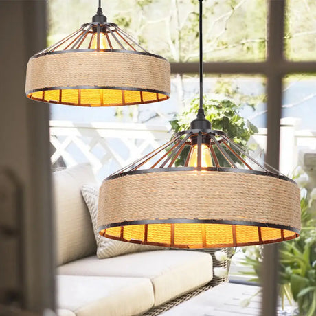Vintage Style Drum Shade Rope Pendant Ceiling Light In Black For Coffee Shops / B