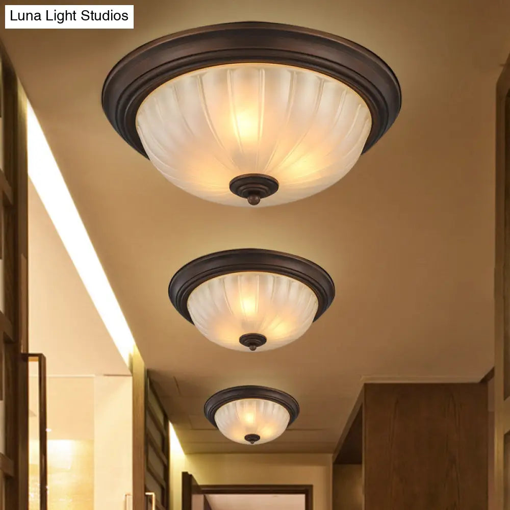 Vintage Style Frosted Glass Flush Mount Bowl Light Fixture For Hallways With Ribbed Design And 2