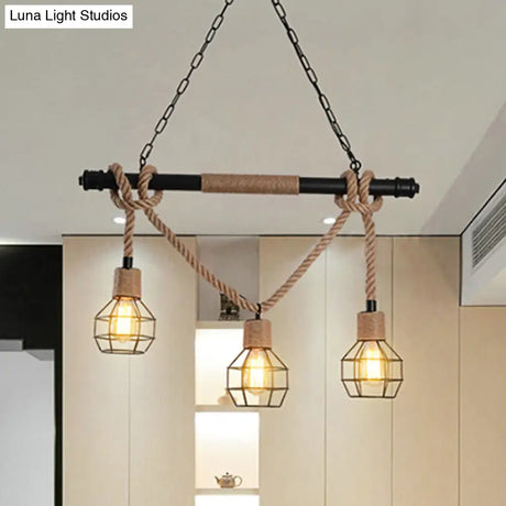 Vintage Style Globe Cage Island Lighting With 3 Heads Beige Metal And Rope Hanging Light For Dining