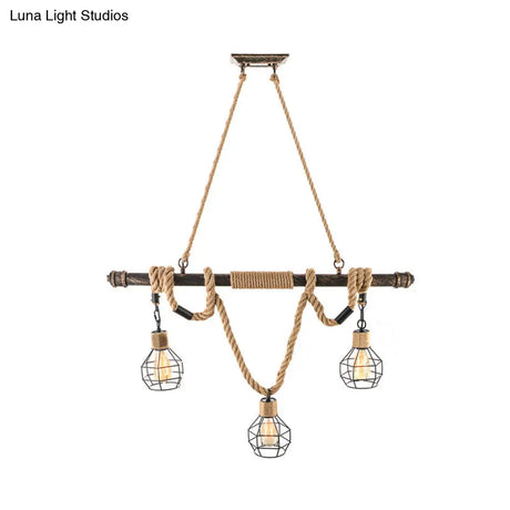Vintage Style Globe Cage Island Lighting With 3 Heads Beige Metal And Rope Hanging Light For Dining