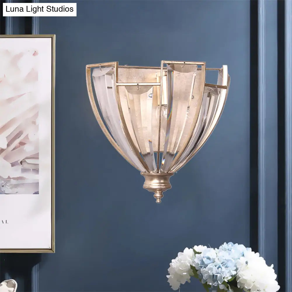 Vintage Style Gold Finish Crystal Wall Sconce - Bowl Shape Clear Glass Bedroom Lighting With 1 Bulb