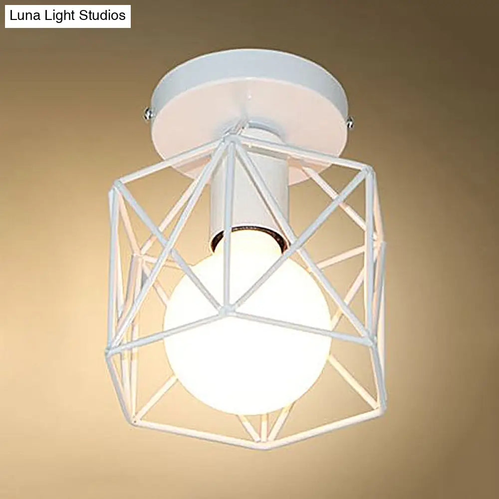 Vintage Style Iron Ceiling Fixture With Hexagon Cage Shade And 1 Bulb Perfect For Balcony In