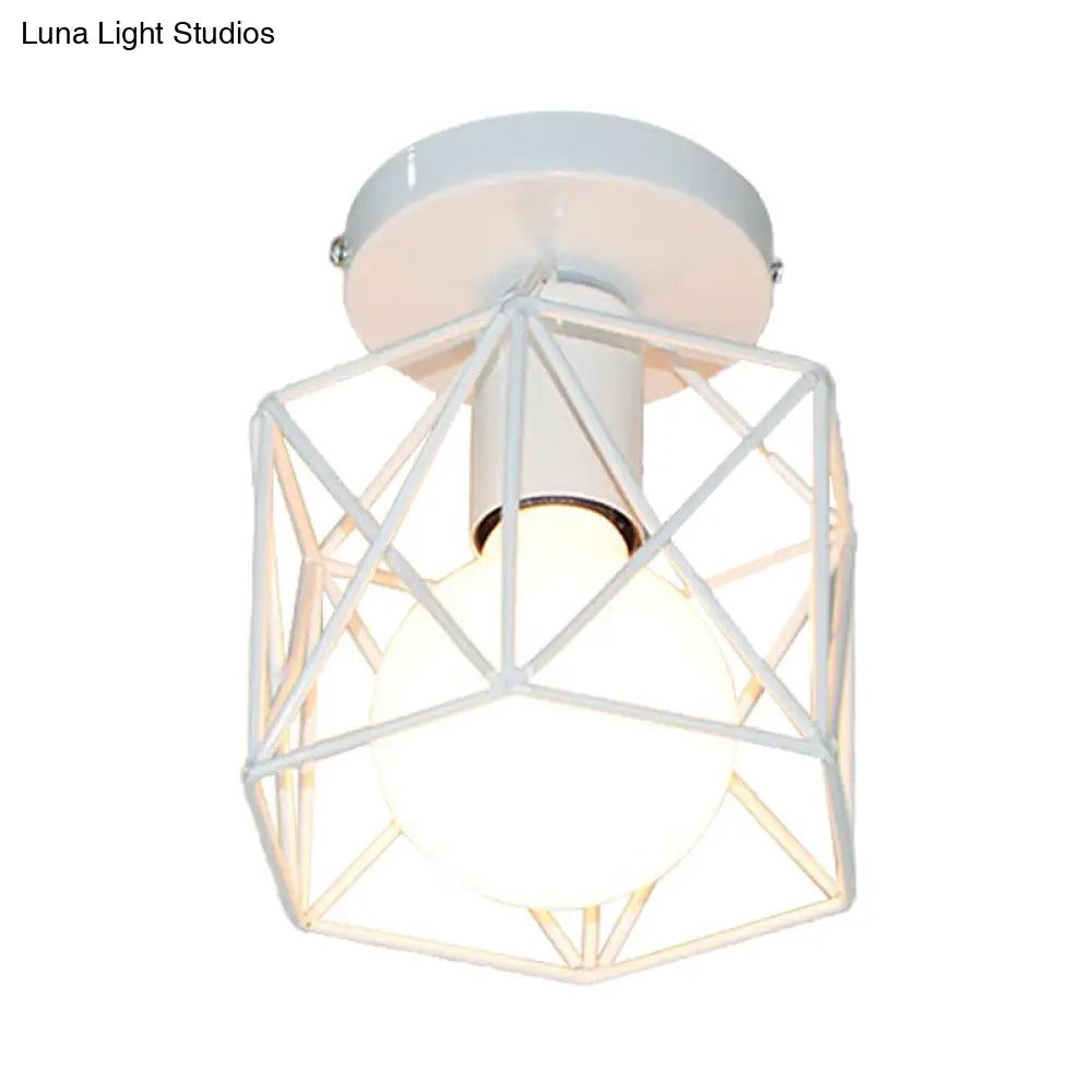 Vintage Style Iron Ceiling Fixture With Hexagon Cage Shade And 1 Bulb Perfect For Balcony In