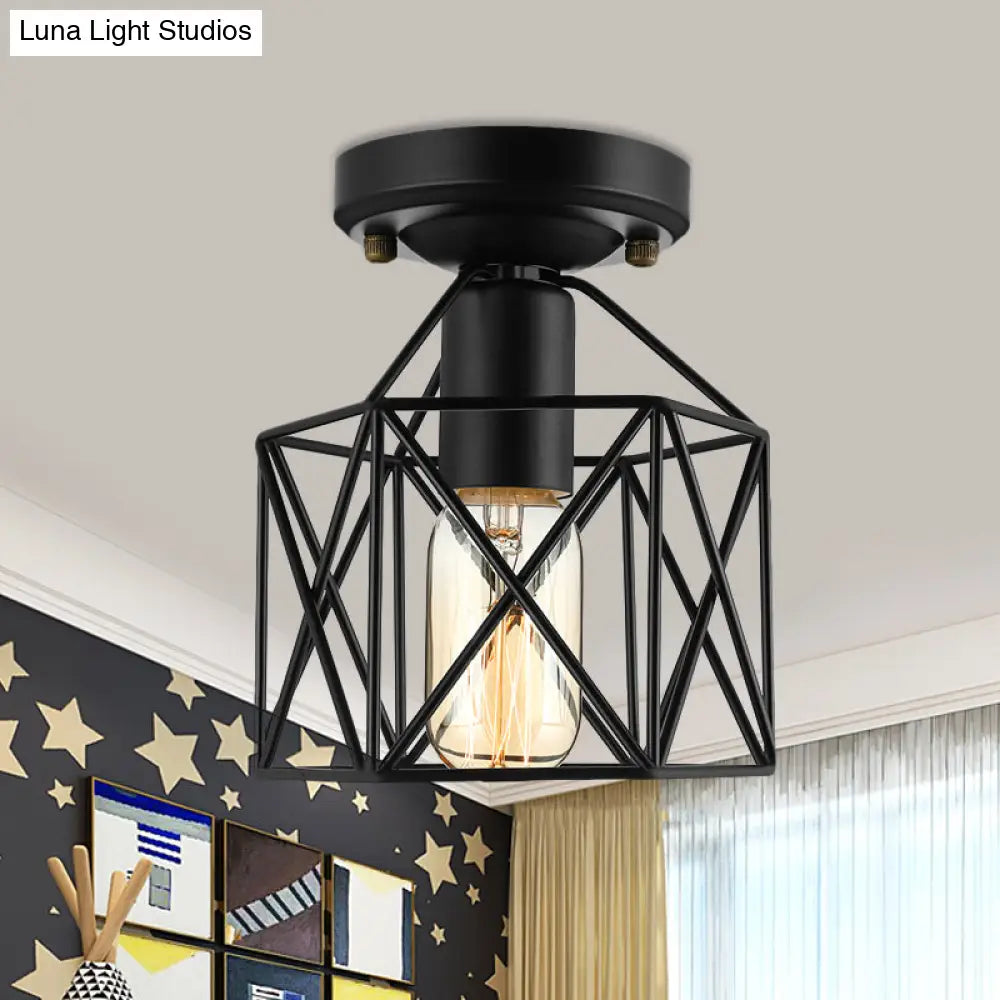 Vintage Style Iron Ceiling Fixture With Hexagon Cage Shade And 1 Bulb Perfect For Balcony In