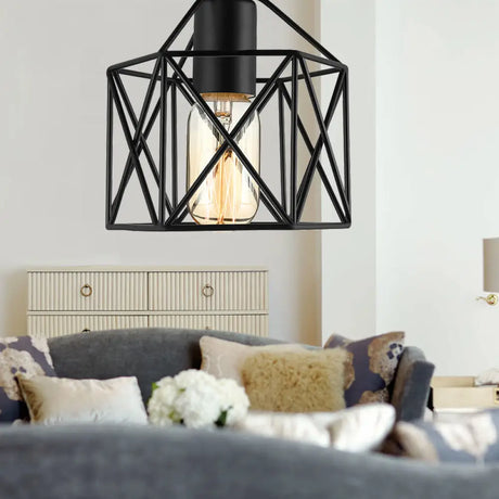 Vintage Style Iron Ceiling Fixture With Hexagon Cage Shade And 1 Bulb Perfect For Balcony In