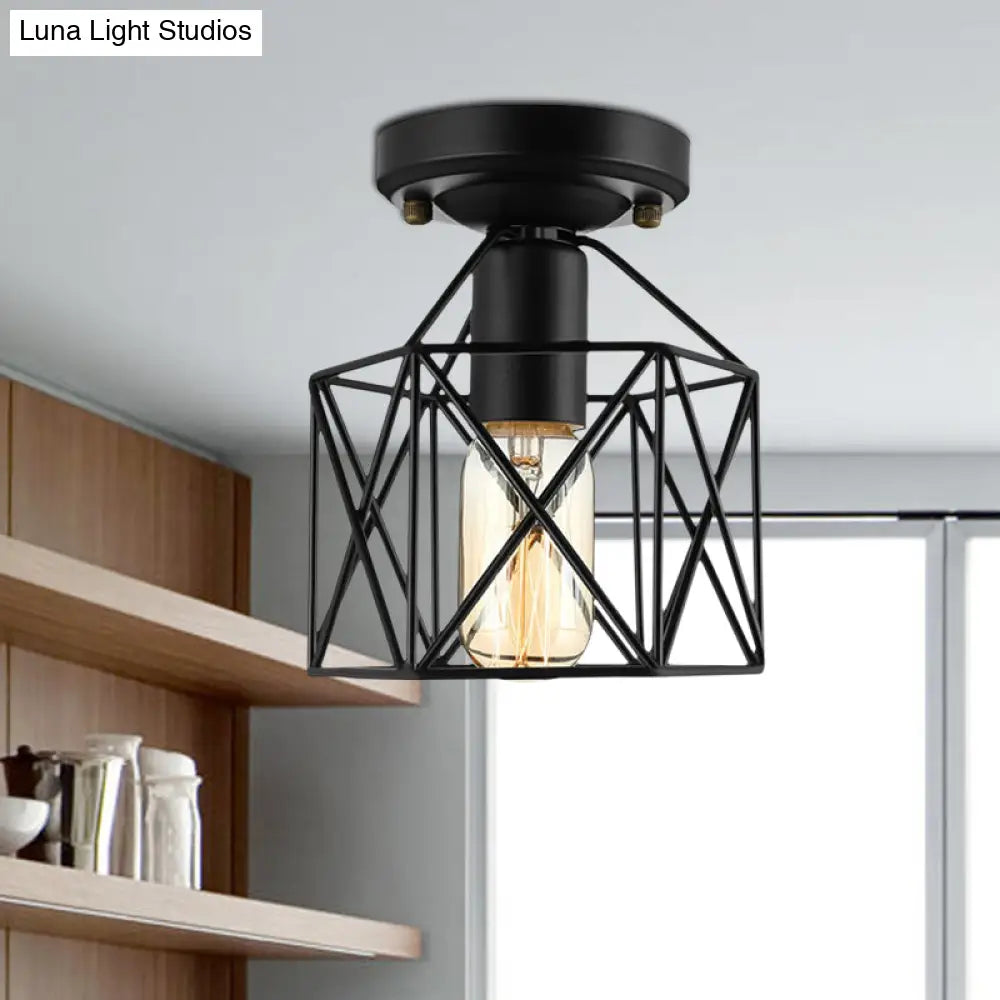 Vintage Style Iron Ceiling Fixture With Hexagon Cage Shade And 1 Bulb Perfect For Balcony In