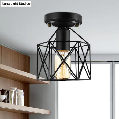 Vintage Style Iron Ceiling Fixture With Hexagon Cage Shade And 1 Bulb Perfect For Balcony In