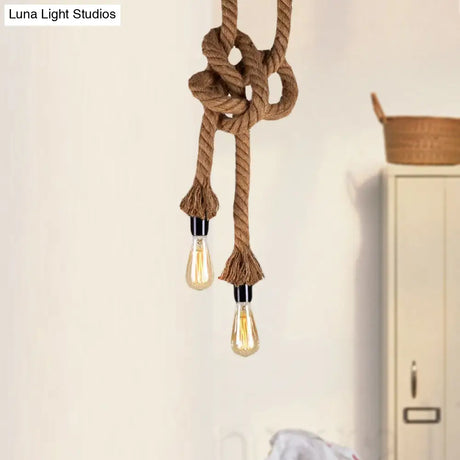 Vintage Style Light Brown Rope Pendant With Open Bulb - 2 Heads Ceiling Hanging Lighting For Bar