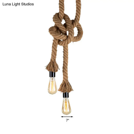 Vintage Style Light Brown Rope Pendant With Open Bulb - 2 Heads Ceiling Hanging Lighting For Bar