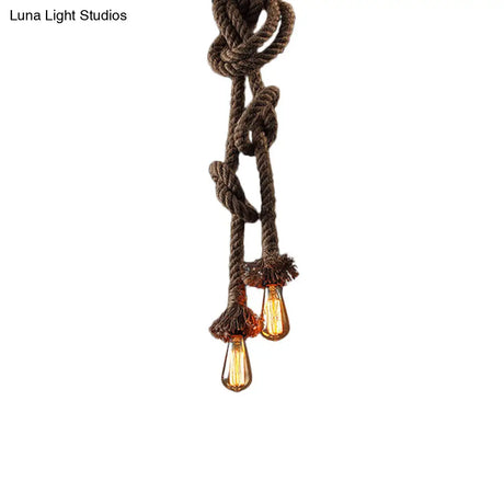 Vintage Style Light Brown Rope Pendant With Open Bulb - 2 Heads Ceiling Hanging Lighting For Bar