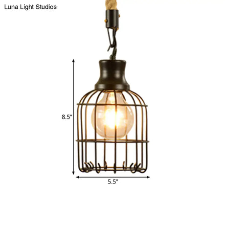 Vintage Style Metal And Rope Pendant Light With Black Wire Cage Cylinder/Square Shade