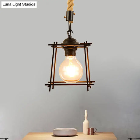 Vintage Style Metal And Rope Pendant Light With Black Wire Cage Cylinder/Square Shade