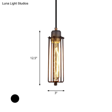 Vintage Style Metal Tube Pendant Light With Wire Cage And Adjustable Cord - Restaurant Ceiling