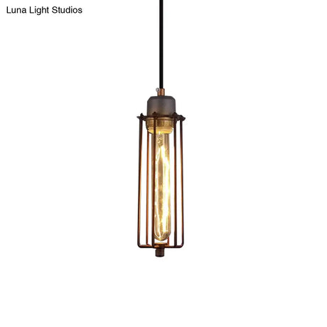 Vintage Style Metal Tube Pendant Light With Wire Cage And Adjustable Cord - Restaurant Ceiling